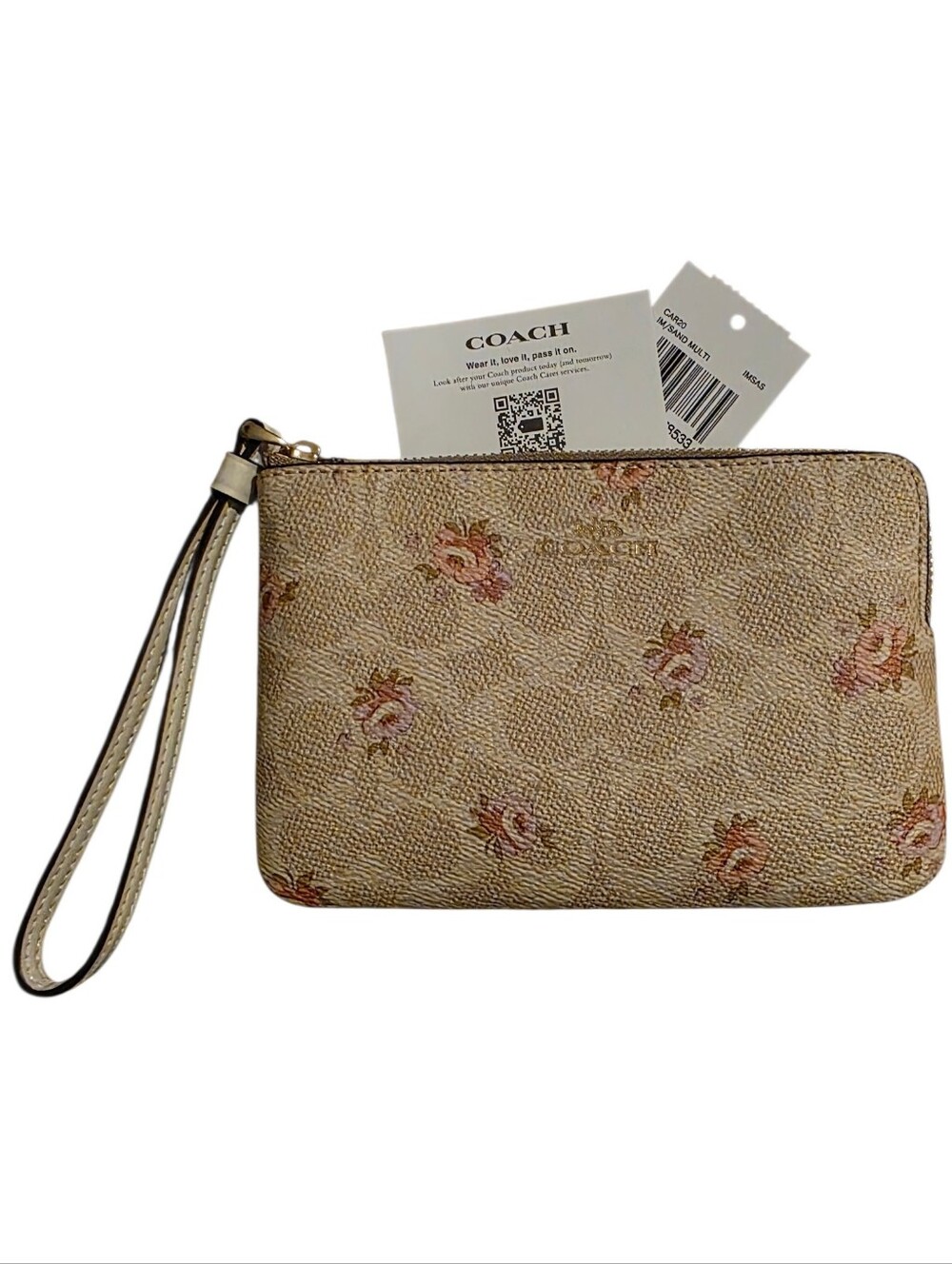 Coach Beige Floral Wristlet with Pink Accents - Corner Zip - New